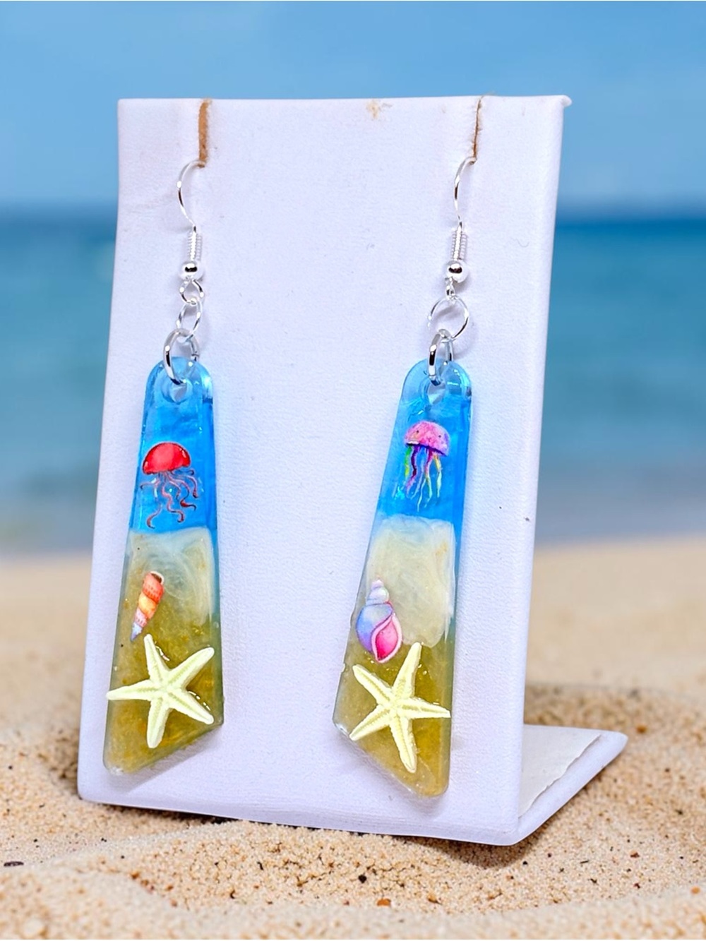 Handcrafted Blue & Sand Beach Jellyfish Earrings